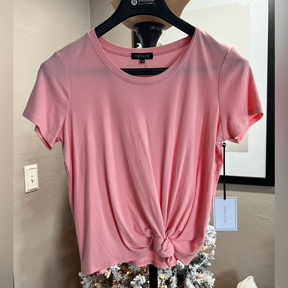 1.STATE Pink Ribbed Knot Front Short Sleeve Top XS NWT